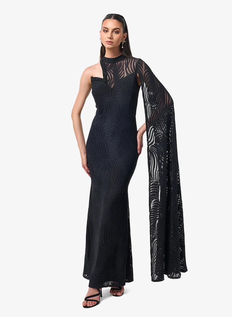 Threadz by Ajooni  Lace Detail One Shoulder Cape Maxi Dress for Women | Best Price UAE