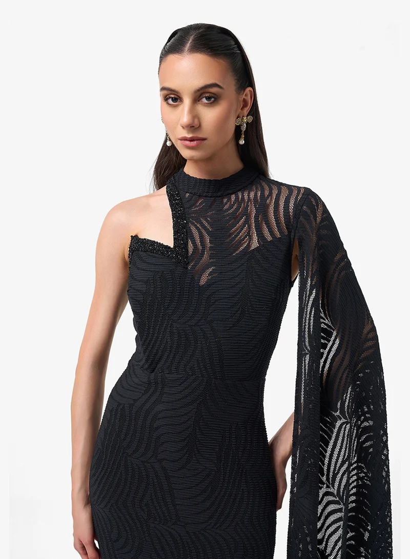 Threadz by Ajooni  Lace Detail One Shoulder Cape Maxi Dress for Women | Best Price UAE