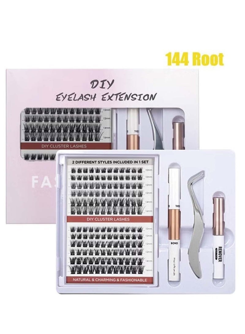 Dougez 144 Root False Cluster Lashes， DIY Eyelash Extension Lashes， Natural Look， Reusable Lashes，High-grade Fiber Large Capacity ，with Tweezer - Image 1