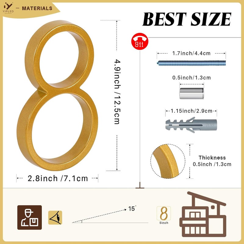 YIPLED 5 Inch House Numbers for Outside, Metal Address Number 8 - Modern Design, Weather-Resistant Gold Powder Coated Finish, No Fading (Gold) - Image 3