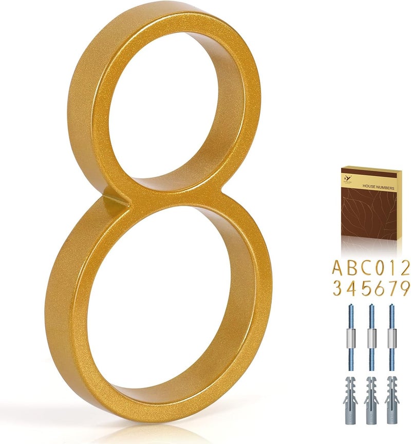 YIPLED 5 Inch House Numbers for Outside, Metal Address Number 8 - Modern Design, Weather-Resistant Gold Powder Coated Finish, No Fading (Gold) - Image 1