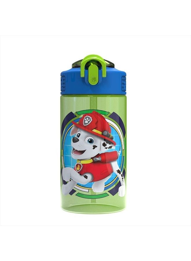 Zak Designs غطاء فوهة Paw Patrol Kids وحلقة حمل مدمجة مصنوعة من البلاستيك، تصميم زجاجة مياه مانعة للتسرب (Rocky, Rubble & Chase، 16 أونصة، خالية من مادة BPA)  - Image 1
