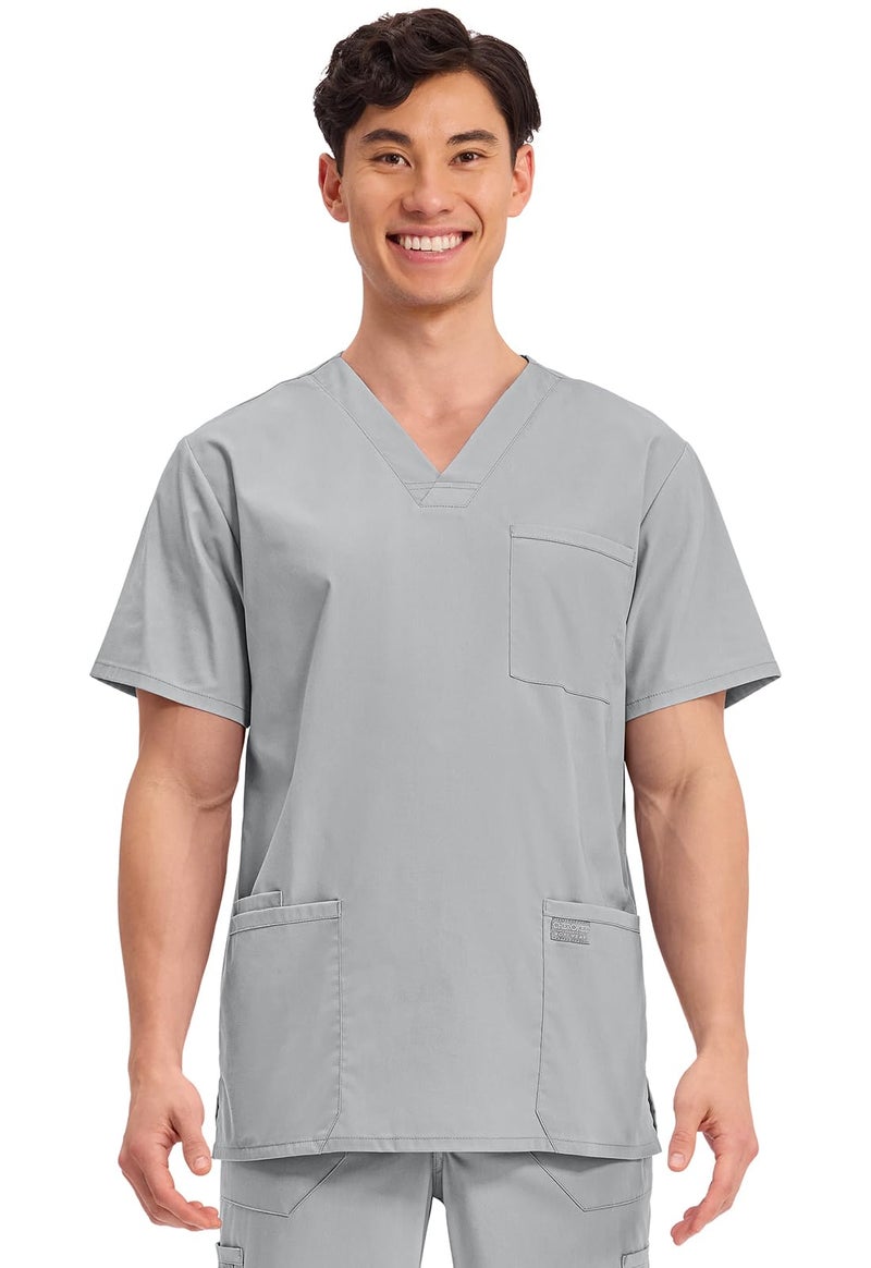 Cherokee Men's V-Neck Top Traditional fit with 4 Pockets, Ultra Soft, Durable, Fade Resistant, 2-Way Stretch Fabric - WW695, M, Grey - Image 1