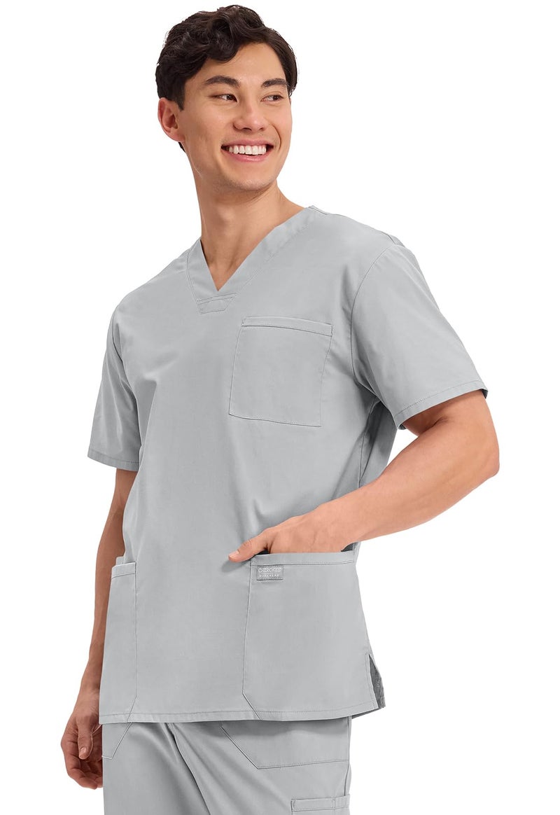 Cherokee Men's V-Neck Top Traditional fit with 4 Pockets, Ultra Soft, Durable, Fade Resistant, 2-Way Stretch Fabric - WW695, M, Grey - Image 2