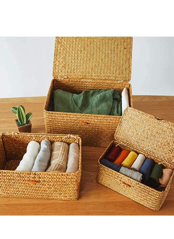 Generic FFD Storage Basket Woven Wicker Storage Bins with Lid Set of 3 Rectangular Seagrass Basket Stackable Storage Box Rattan Storage Organizer Storage Basket for Shelf Organizer  - Image 4