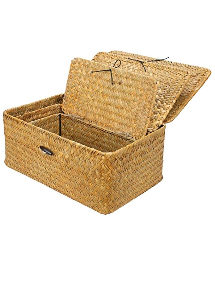 Generic FFD Storage Basket Woven Wicker Storage Bins with Lid Set of 3 Rectangular Seagrass Basket Stackable Storage Box Rattan Storage Organizer Storage Basket for Shelf Organizer  - Image 5