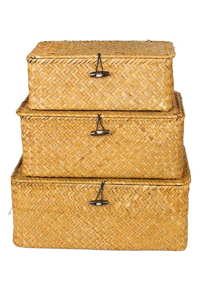 Generic FFD Storage Basket Woven Wicker Storage Bins with Lid Set of 3 Rectangular Seagrass Basket Stackable Storage Box Rattan Storage Organizer Storage Basket for Shelf Organizer  - Image 1