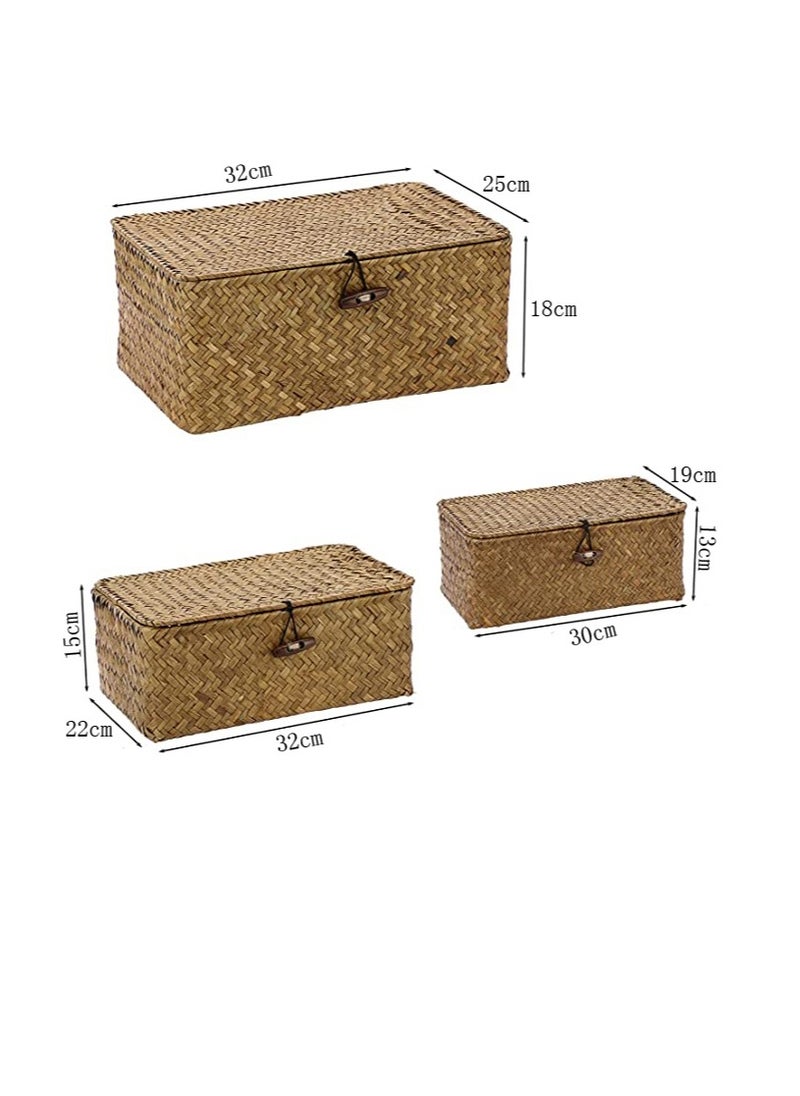 Generic FFD Storage Basket Woven Wicker Storage Bins with Lid Set of 3 Rectangular Seagrass Basket Stackable Storage Box Rattan Storage Organizer Storage Basket for Shelf Organizer  - Image 2