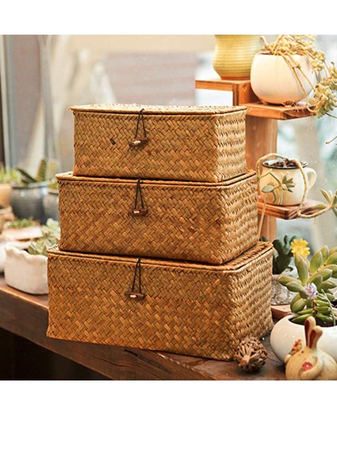 Generic FFD Storage Basket Woven Wicker Storage Bins with Lid Set of 3 Rectangular Seagrass Basket Stackable Storage Box Rattan Storage Organizer Storage Basket for Shelf Organizer  - Image 3