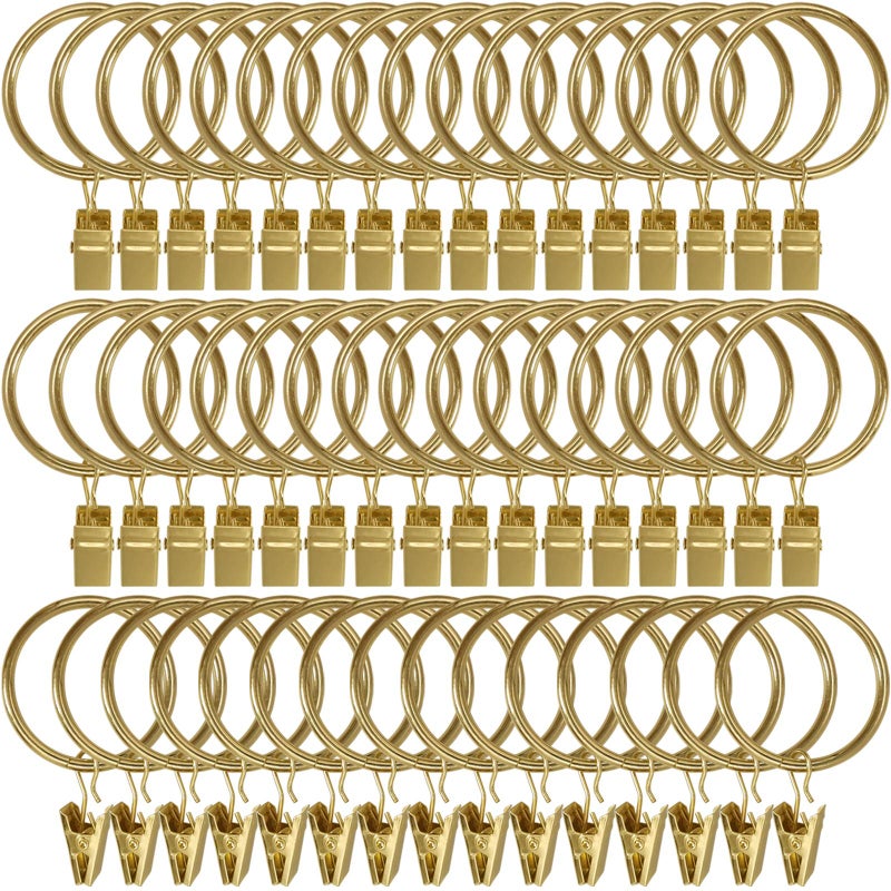 LLPJS 60 Pack Metal Curtain Rings with Clips Curtain Clip Rings Hooks for Hanging Drapery Drapes Bows Curtain Rod Rings 15 inch Interior Diameter Gold
