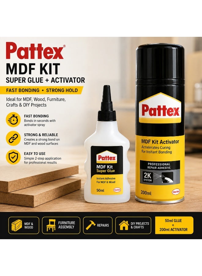 Pattex MDF Kit Super Glue 50ml + Activator 200ml – Fast Bonding Adhesive for MDF, Wood, Furniture, Crafts & DIY Projects - Image 2