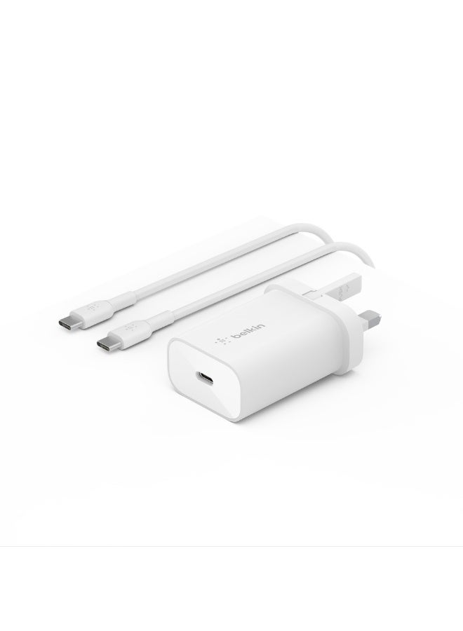 بيلكين شاحن جداري بوست تشارج من بيلكين قدرة 25 وات بتقنية PPS (شاحن سريع بمنفذ USB-C بتقنية PD، لأجهزة سامسونج، جالاكسي تاب، آي باد والمزيد) - يتضمن كابل من USB-C إلى  USB-C أبيض - Image 1