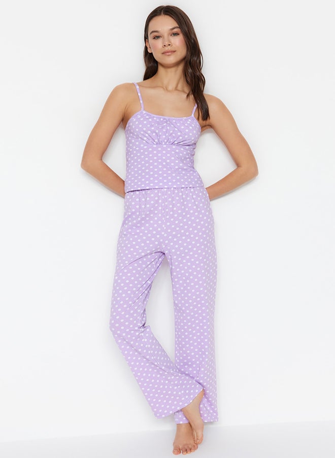 trendyol Lilac Polka Dot Cotton Rope Strap Knitted Pajama Set THMSS23PT00226 - Image 1