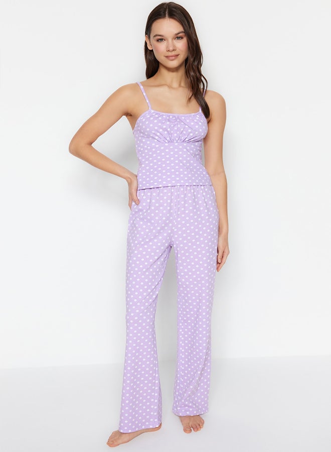 trendyol Lilac Polka Dot Cotton Rope Strap Knitted Pajama Set THMSS23PT00226 - Image 5