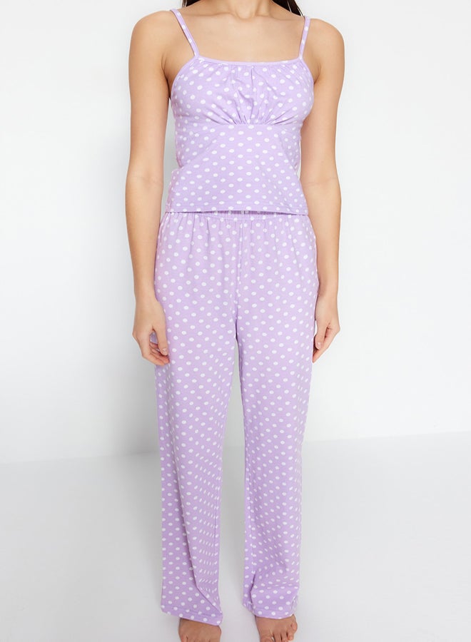 trendyol Lilac Polka Dot Cotton Rope Strap Knitted Pajama Set THMSS23PT00226 - Image 3