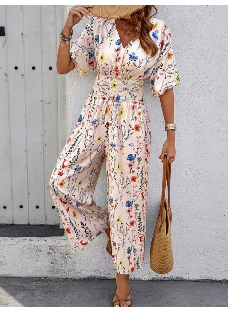 SHEIN Random Floral Print Women Lantern Sleeve Waist Drawstring Jumpsuit - Image 1