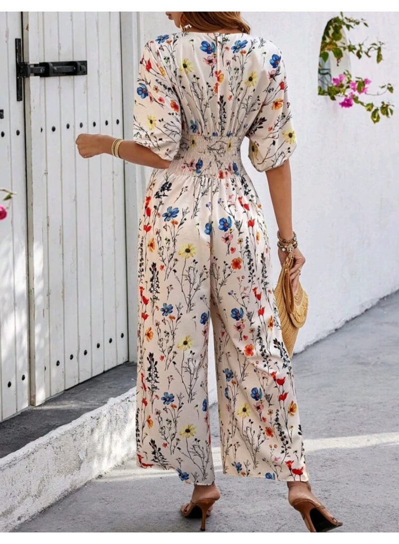 SHEIN Random Floral Print Women Lantern Sleeve Waist Drawstring Jumpsuit - Image 2