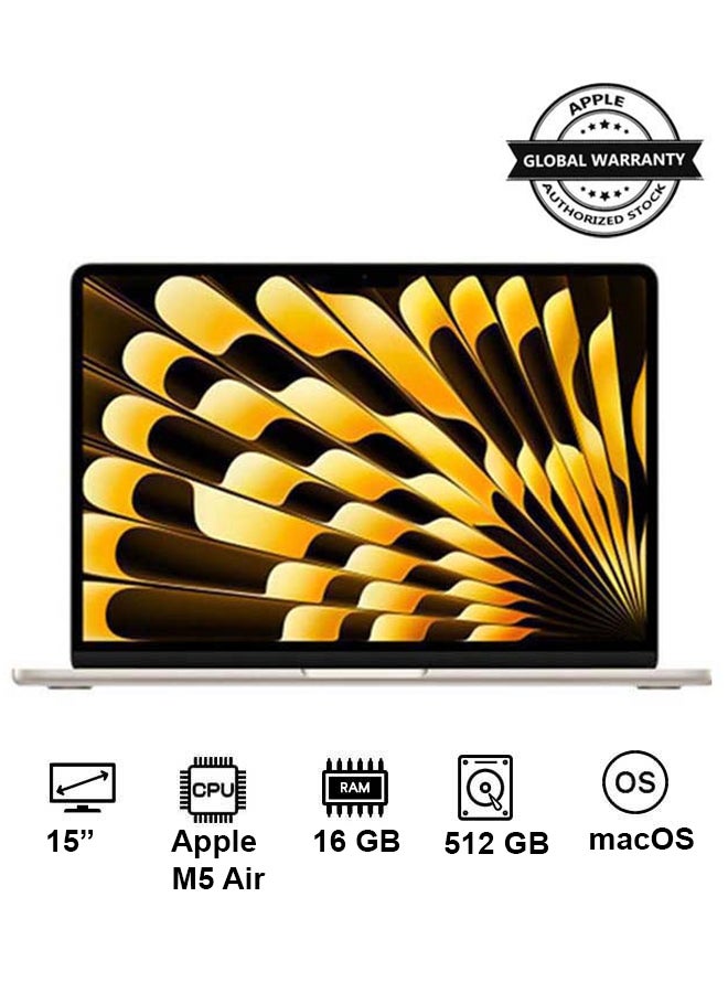 ابل  ماك بوك إير MDVD4 الجديد 2026 | شاشة 15 بوصة | آبل M5 إير | معالج 10-نواة | معالج رسومي 10-نواة | 16 جيجابايت رام | 512 جيجابايت SSD | macOS | لوحة مفاتيح إنجليزية وعربية  - Image 1