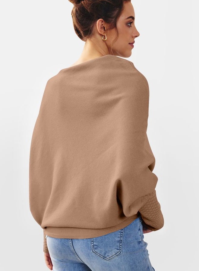 LILLUSORY Womens Batwing Oversized Sweaters Assymetrical Boat Neck Wrap Tunic Tops Fall Fashion Cloth Outfit, Brown, M - Image 4