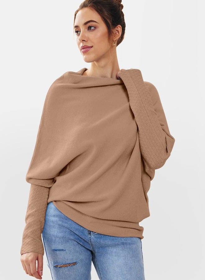 LILLUSORY Womens Batwing Oversized Sweaters Assymetrical Boat Neck Wrap Tunic Tops Fall Fashion Cloth Outfit, Brown, M - Image 3