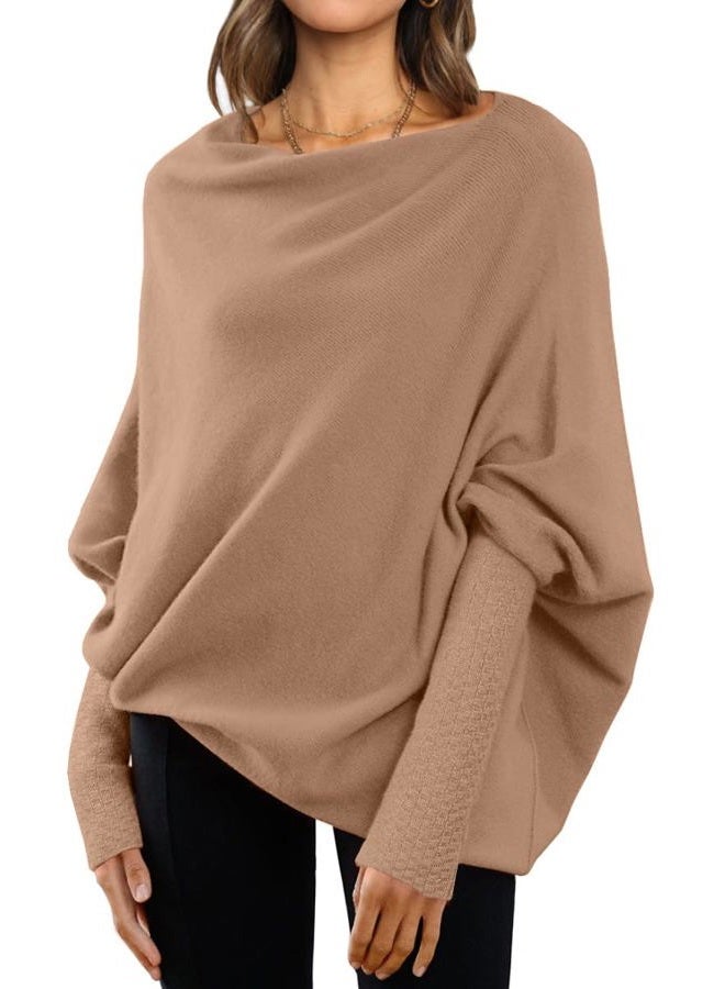 LILLUSORY Womens Batwing Oversized Sweaters Assymetrical Boat Neck Wrap Tunic Tops Fall Fashion Cloth Outfit, Brown, M - Image 1