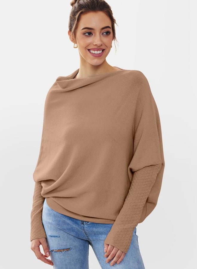 LILLUSORY Womens Batwing Oversized Sweaters Assymetrical Boat Neck Wrap Tunic Tops Fall Fashion Cloth Outfit, Brown, M - Image 2
