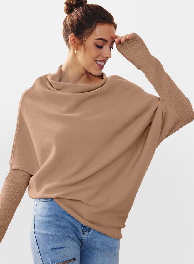 LILLUSORY Womens Batwing Oversized Sweaters Assymetrical Boat Neck Wrap Tunic Tops Fall Fashion Cloth Outfit, Brown, M - Image 5