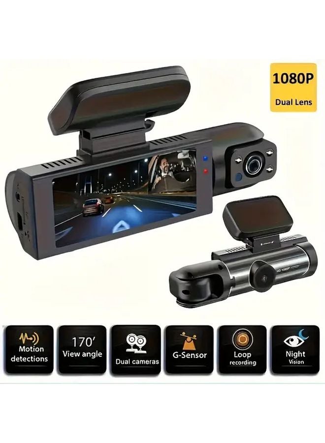 كاميرا داش سوداء أمامية 1080P داخلية 720P مع بطاقة ذاكرة 32 جيجابايت وخاصية استشعار G ورؤية ليلية وتسجيل دائري - Image 1