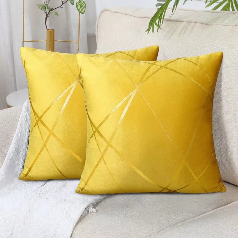 Velvet Cushion Cover 45 x 45 cm Yellow Gold Lines Decorative Pillow Covers Geometry Cushion Living Room Bench Cushion Sofa Set of 2