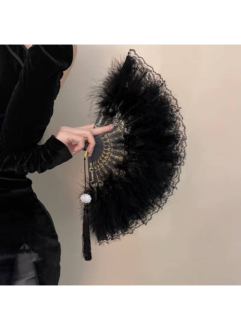 Generic Vintage Feather Fan Chinese Style Black Lace Black feather fan (single feather) 