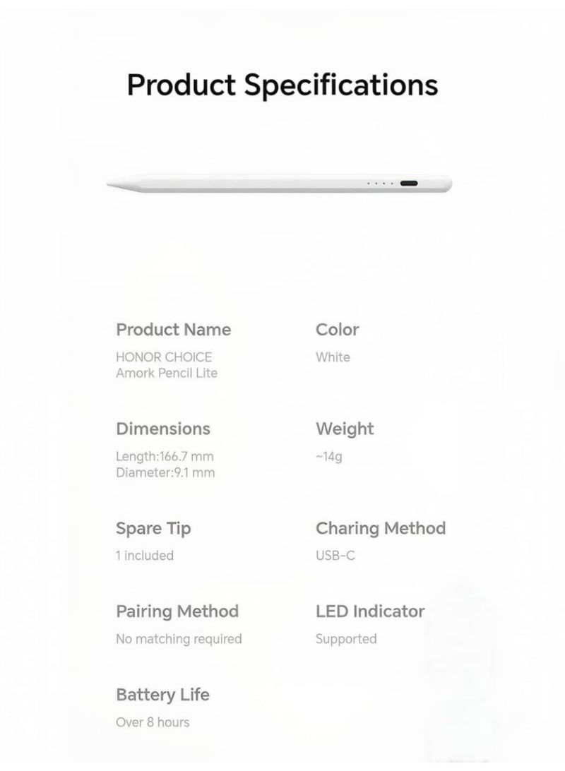 أونور تشويس قلم HONOR Choice Amork Pencil Lite - قلم لمس سعوي عالمي مزود بمشبك مغناطيسي، وشحن USB-C، وعمر بطارية يصل إلى 8 ساعات، ويتضمن رأسًا احتياطيًا - أبيض - Image 2