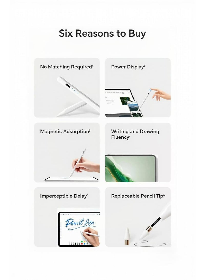 أونور تشويس قلم HONOR Choice Amork Pencil Lite - قلم لمس سعوي عالمي مزود بمشبك مغناطيسي، وشحن USB-C، وعمر بطارية يصل إلى 8 ساعات، ويتضمن رأسًا احتياطيًا - أبيض - Image 3
