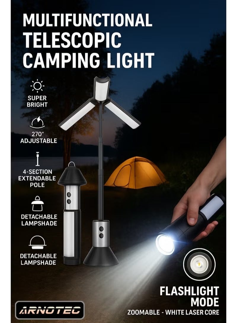 ARNOTEC Multifunctional Telescopic Camping Light & Flashlight 2-in-1, 270° Adjustable Warm Light Lantern, 4-Section Extendable Pole 51.8cm, White Laser Core + 54 LEDs, Type-C Rechargeable, 3000mAh, Detachable Lampshade, Outdoor Portable Light - Image 2