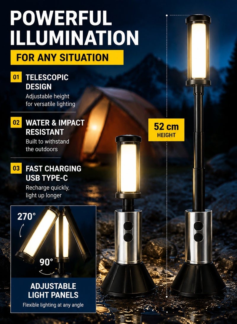 ARNOTEC Multifunctional Telescopic Camping Light & Flashlight 2-in-1, 270° Adjustable Warm Light Lantern, 4-Section Extendable Pole 51.8cm, White Laser Core + 54 LEDs, Type-C Rechargeable, 3000mAh, Detachable Lampshade, Outdoor Portable Light - Image 4