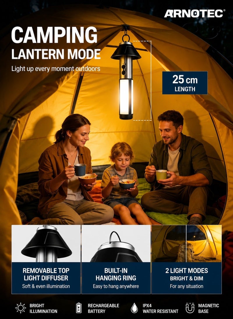 ARNOTEC Multifunctional Telescopic Camping Light & Flashlight 2-in-1, 270° Adjustable Warm Light Lantern, 4-Section Extendable Pole 51.8cm, White Laser Core + 54 LEDs, Type-C Rechargeable, 3000mAh, Detachable Lampshade, Outdoor Portable Light - Image 2