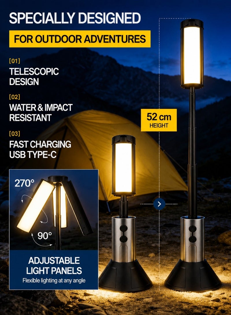 ARNOTEC Multifunctional Telescopic Camping Light & Flashlight 2-in-1, 270° Adjustable Warm Light Lantern, 4-Section Extendable Pole 51.8cm, White Laser Core + 54 LEDs, Type-C Rechargeable, 3000mAh, Detachable Lampshade, Outdoor Portable Light - Image 3