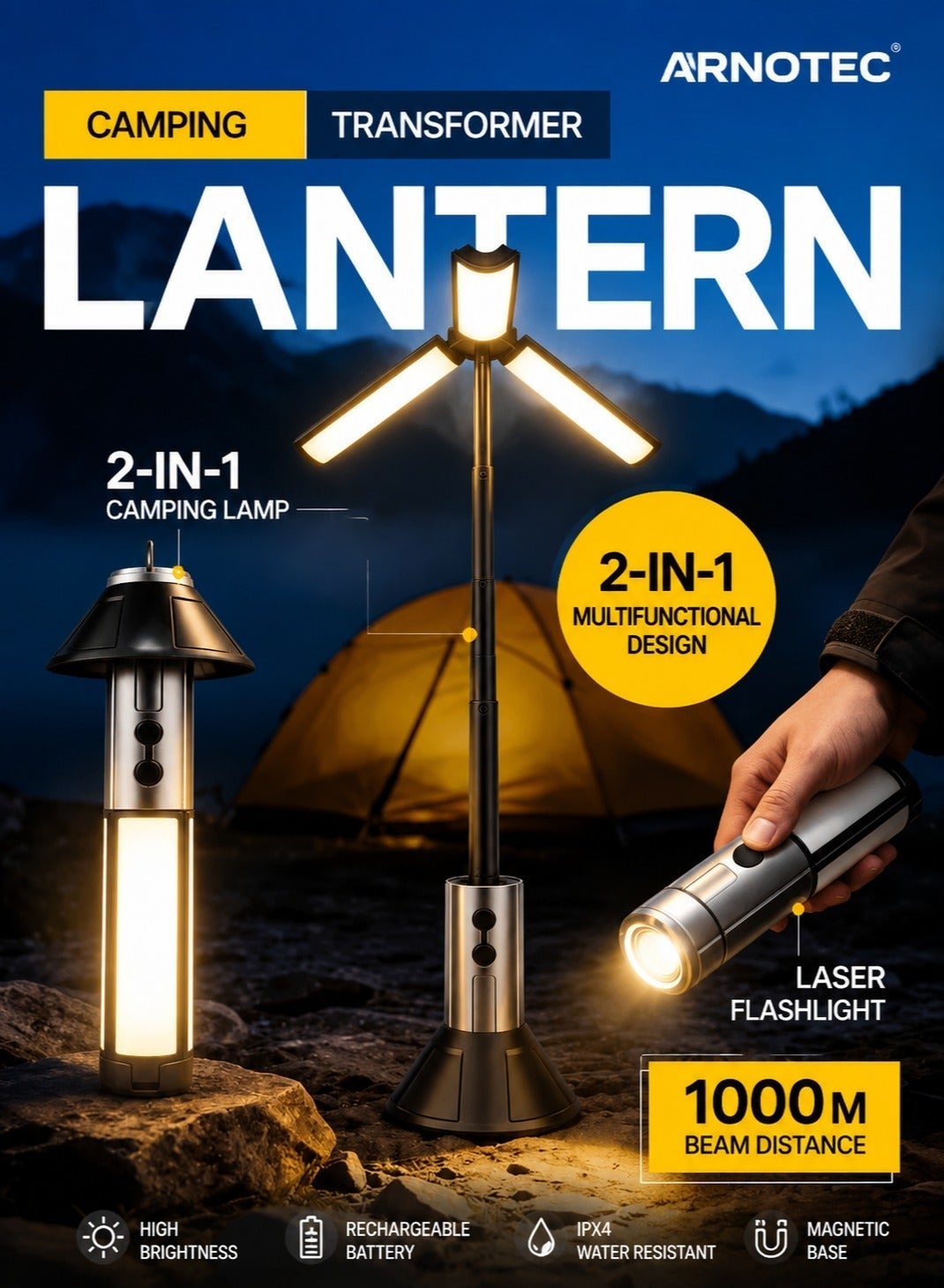 Multifunctional Telescopic Camping Light & Flashlight 2-in-1, 270° Adjustable Warm Light Lantern, 4-Section Extendable Pole 51.8cm, White Laser Core + 54 LEDs, Type-C Rechargeable, 3000mAh, Detachable Lampshade, Outdoor Portable Light