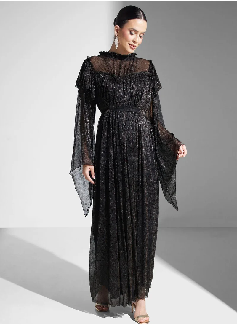 Golden Apple Bow Detail Bell Sleeve Dress