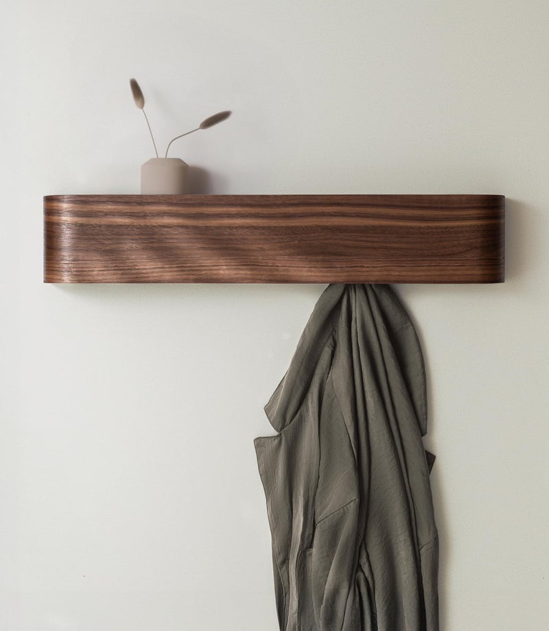 Kazai. Wall-Mounted Coat Rack 'Toke' - Modern Design Coat Rack with Hidden Wall Hooks - Solid Wood Veneer Panel Coat Hanger - Walnut - Image 1