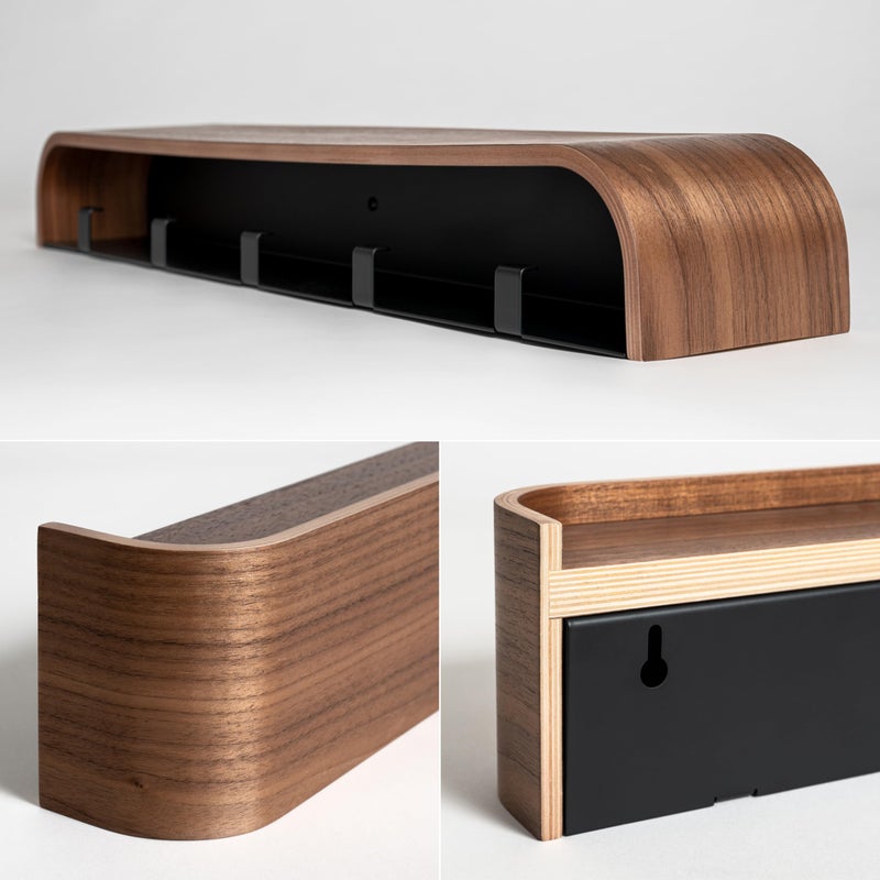 Kazai. Wall-Mounted Coat Rack 'Toke' - Modern Design Coat Rack with Hidden Wall Hooks - Solid Wood Veneer Panel Coat Hanger - Walnut - Image 4