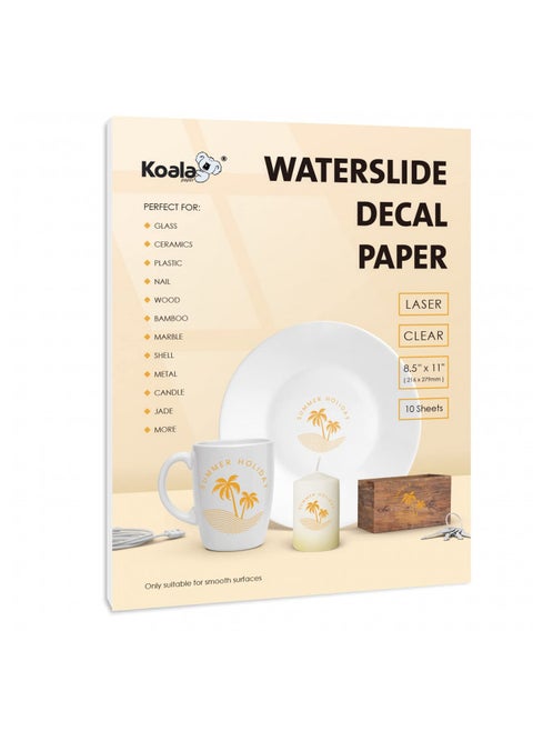Koala Waterslide Decal Paper for Laser Printer - Clear Transparent - 10 Sheets Water Slide Transfer Paper - 8.5x11 Inches