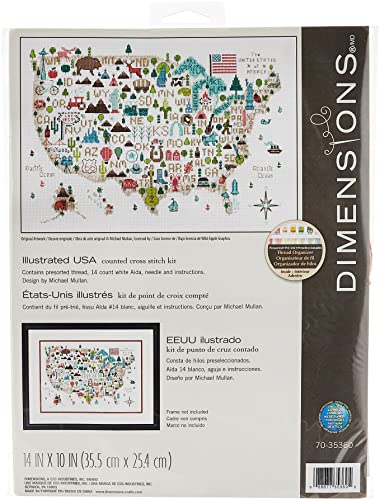 Dimensions Darice Dimensions Illustrated USA Patriotic 50 States Counted Cross Stitch Kit 14 Count White Aida Cloth 14 x 10 Red