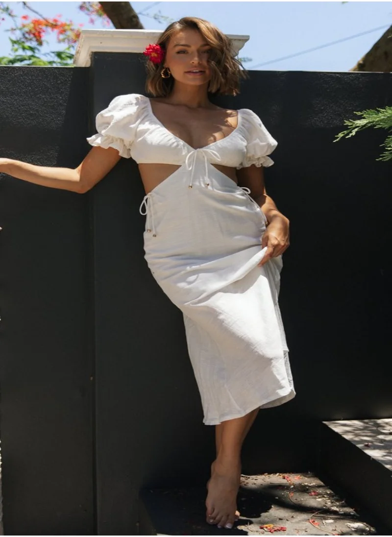 يونيكي White Self Design V-Neck Puff Sleeves Cut-Outs Detail A-Line Midi Dress