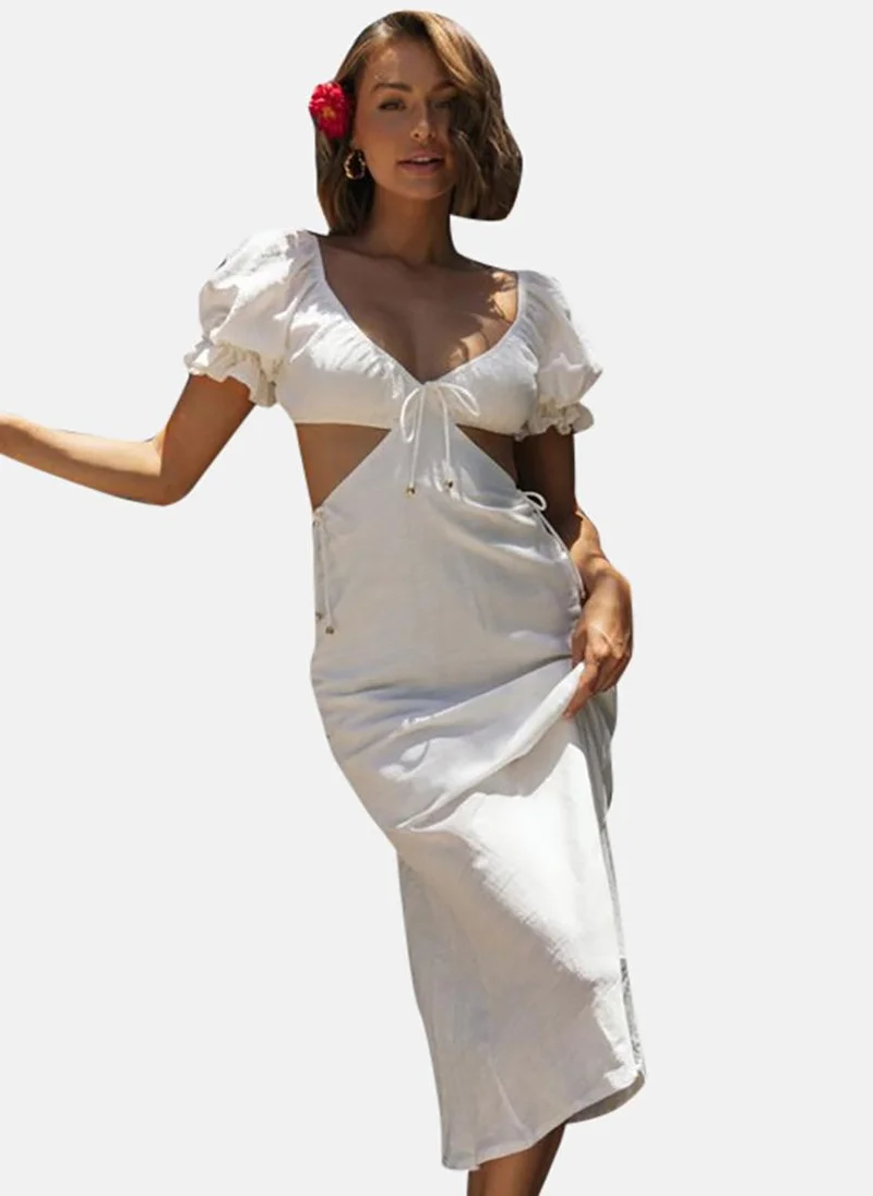 يونيكي White Self Design V-Neck Puff Sleeves Cut-Outs Detail A-Line Midi Dress