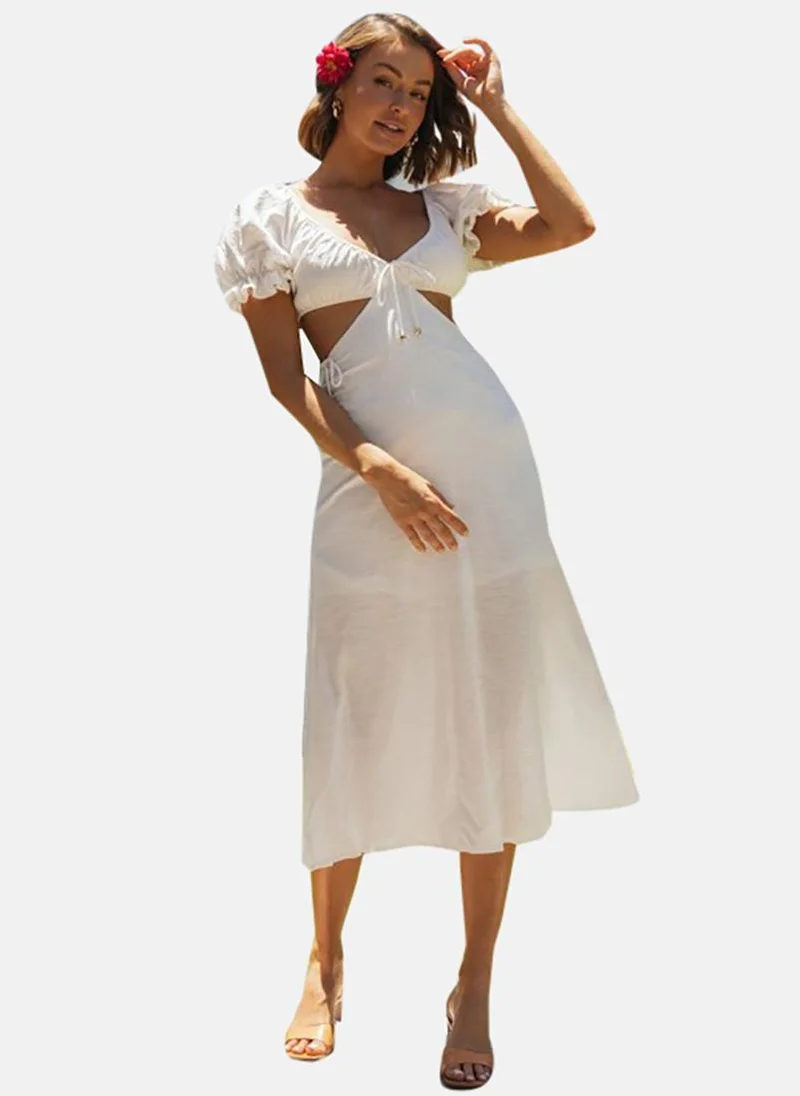 يونيكي White Self Design V-Neck Puff Sleeves Cut-Outs Detail A-Line Midi Dress