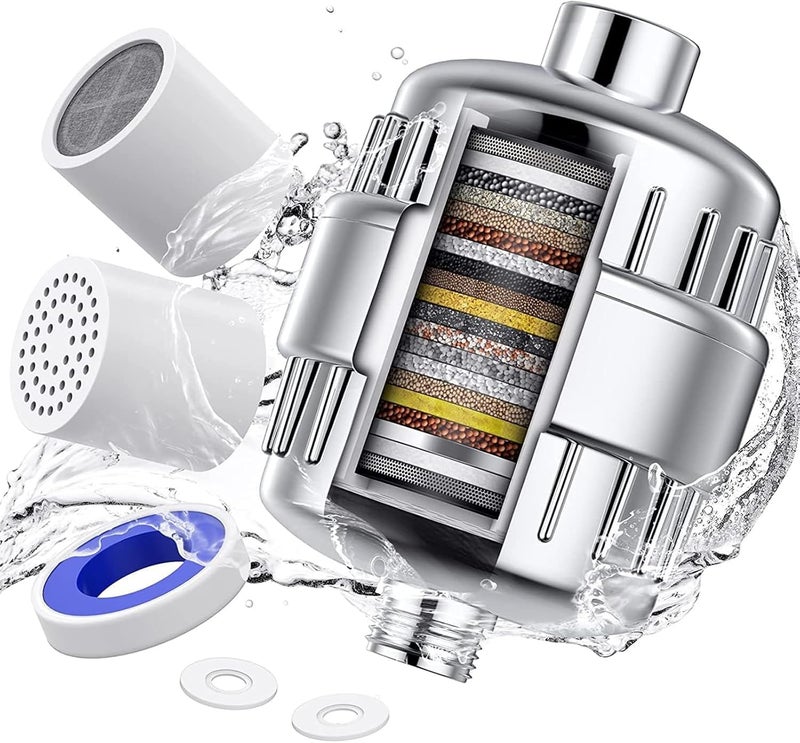 GROLIGH Shower Filter 20 Stage Showerhead Filter for Hard Water Shower Water Filter with 2 Replaceable Filter Cartridges for Removing Chlorine Fluoride, Polished Chrome - Image 1