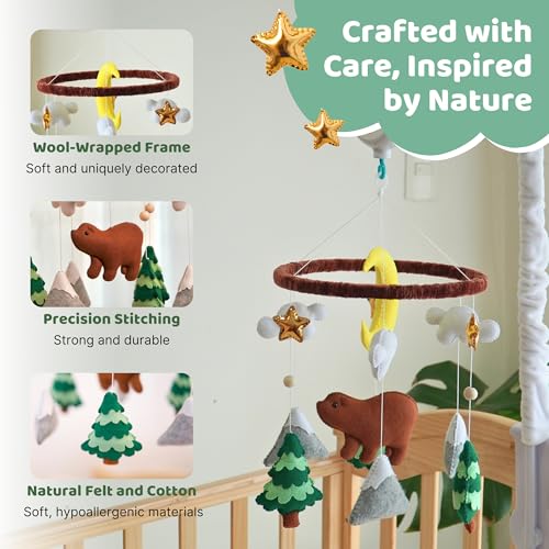 TINITIGIES Woodland Bear Hanging Mobile Forest Animals Nursery Mobile for Boys and Girls Felt Bear Pine Trees Mountains Woodland Nursery Decor - Image 3