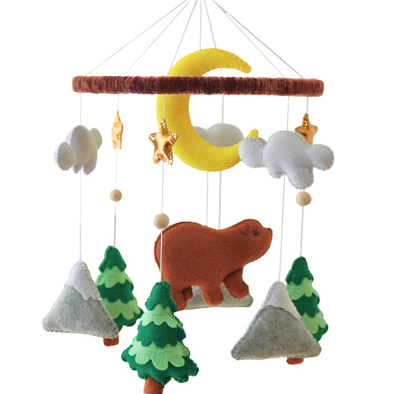 TINITIGIES Woodland Bear Hanging Mobile Forest Animals Nursery Mobile for Boys and Girls Felt Bear Pine Trees Mountains Woodland Nursery Decor - Image 2