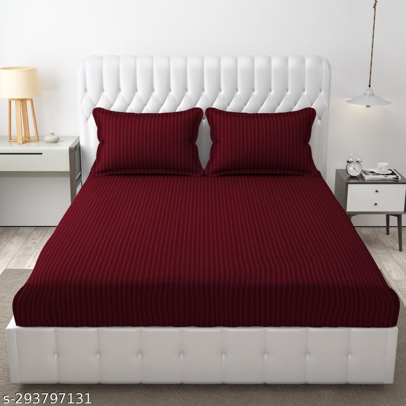 Evan Cotton Cotton Striped Plain Color Double Size Bedsheet for Double Bed with Two Pillow Covers for Home I Hotels Rooms I Guest House 90x100 Inch Maroon Color - Image 1