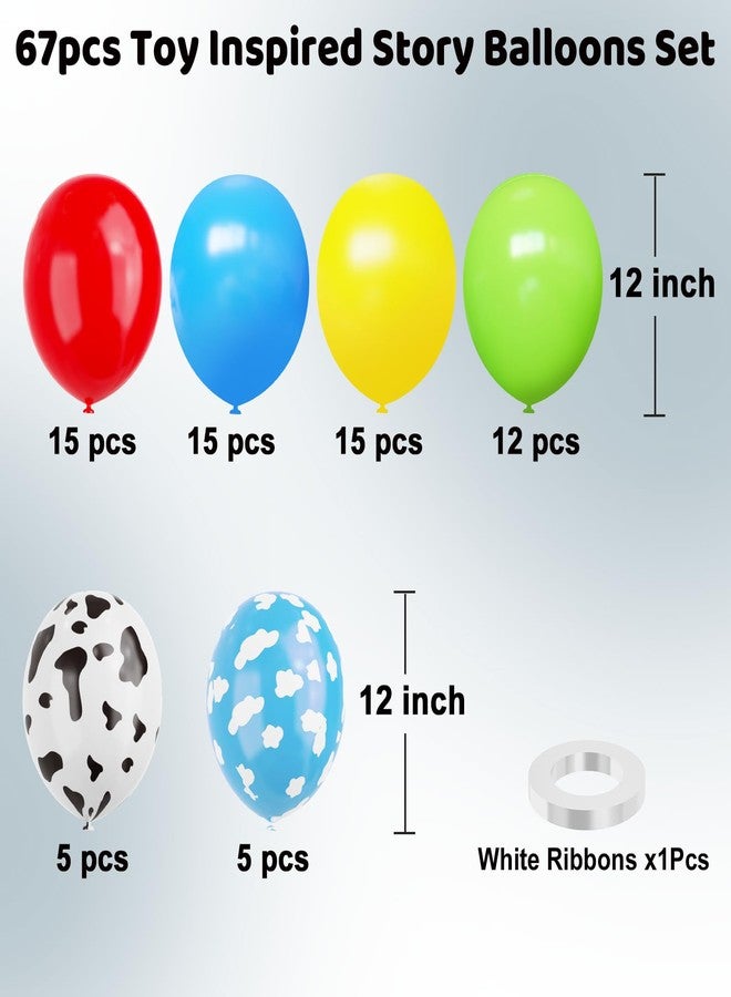 YMSZ Toy Inspired Story Balloons, 67pcs 12 Inch Cow Pattern Cloud Yellow Red Blue Green Latex Balloons For Kids Boys Girls Inspired Story Party Themed Birthday Party Supplies Decorations - Image 2